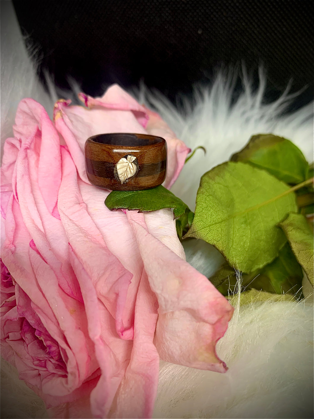 Bentwood ring with Sterling silver leaf