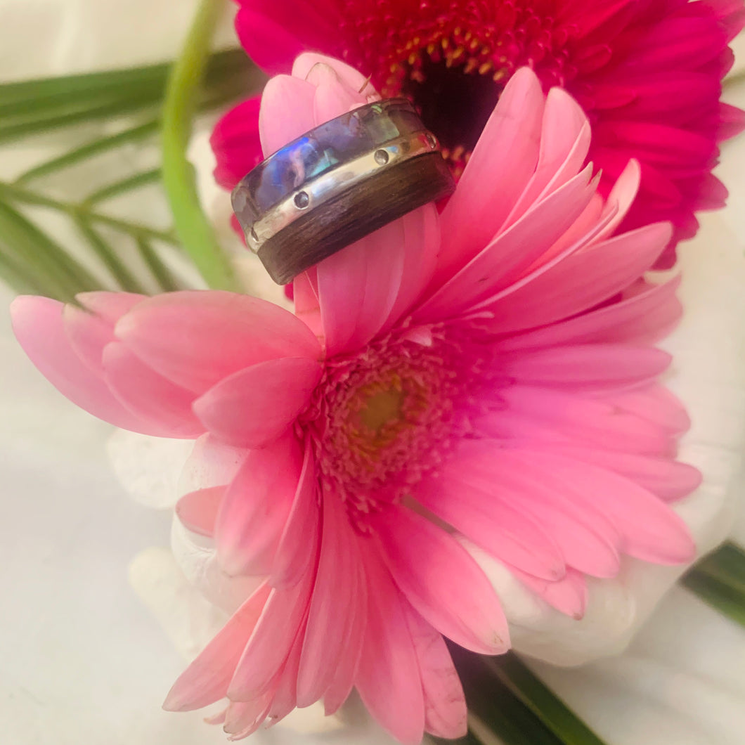 Bentwood ring with sterling silver and zirconia gems with an abalone trim
